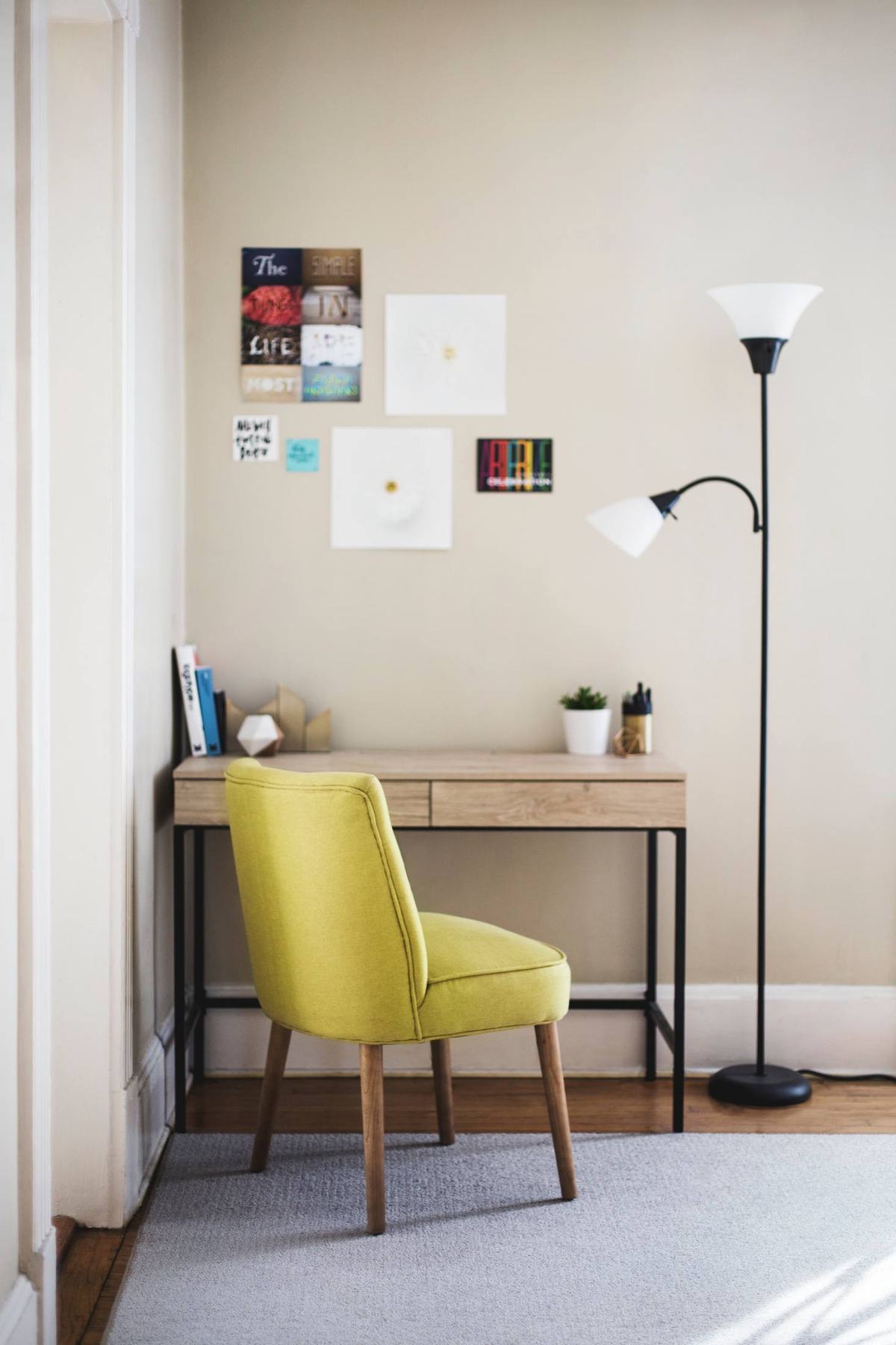 Quiet reading corner with a yellow chair