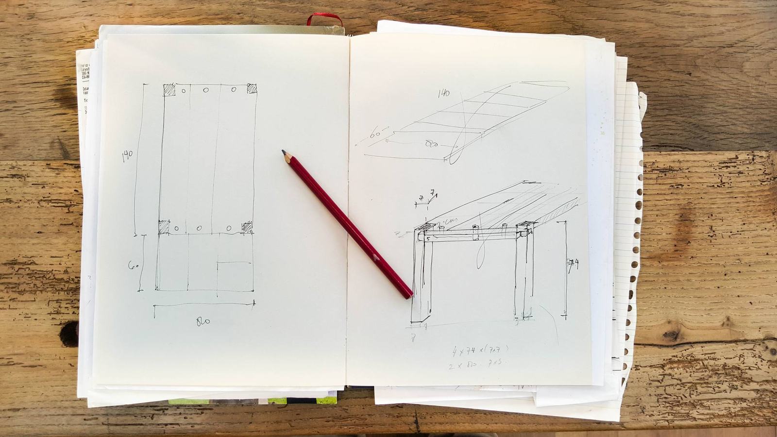 Sketchbook with an early concept drawing