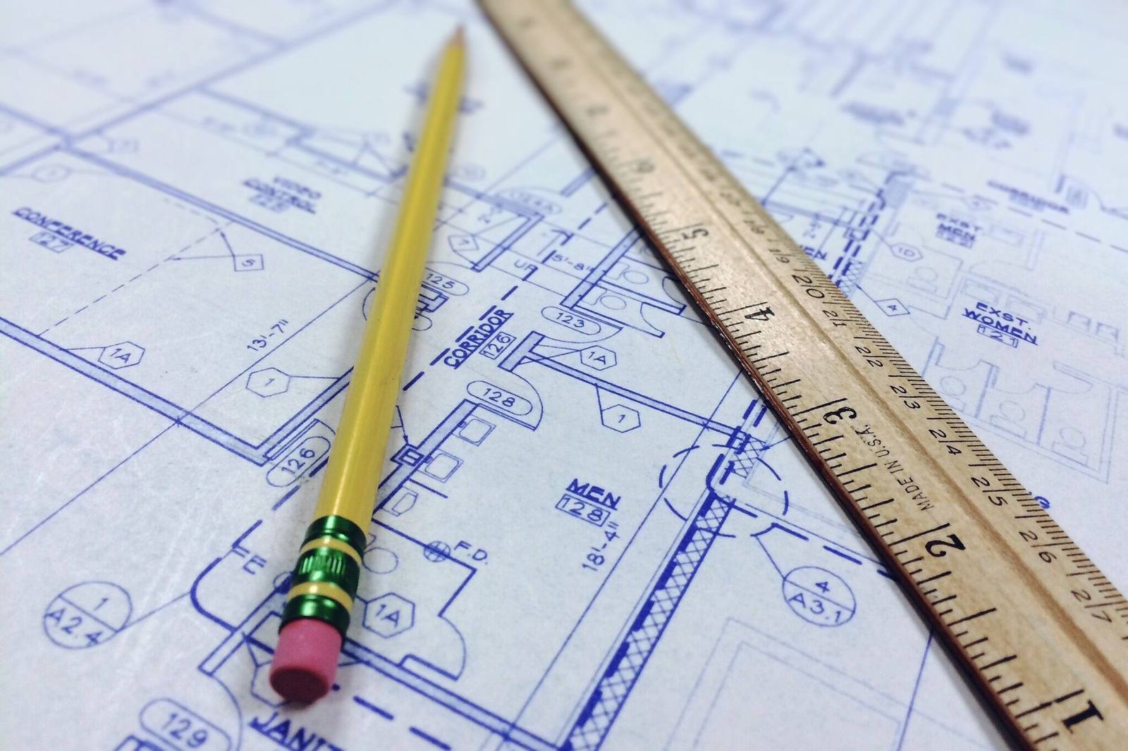 Blueprint with ruler and pencil