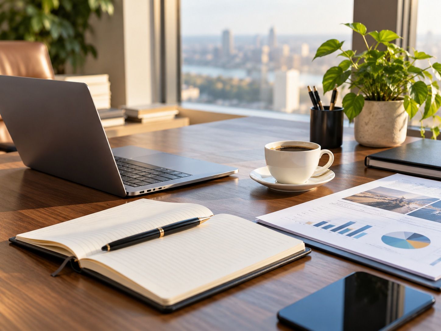Executive desk with laptop, notebook and market reports