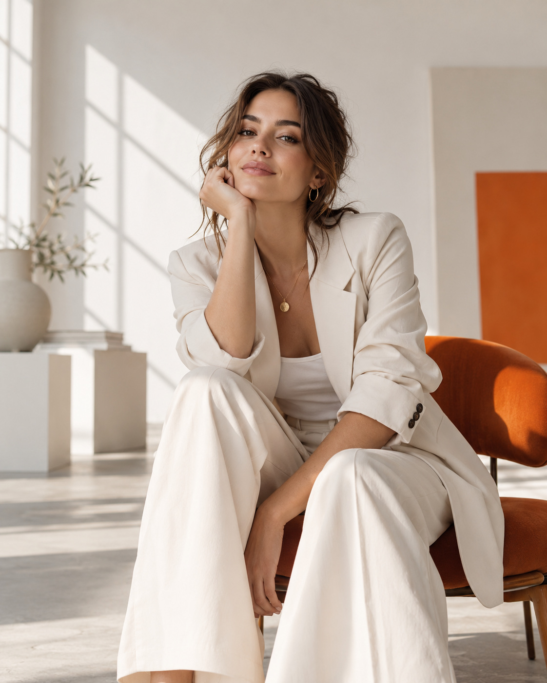 Creative director seated in a sunlit white studio, resting her chin on her hand