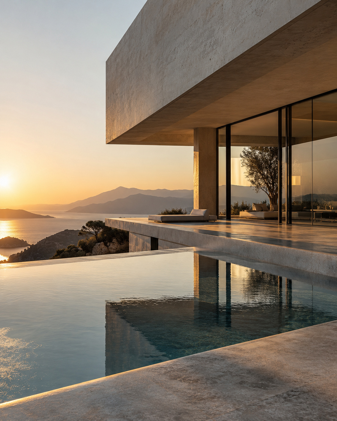 Coastal Residence villa with an infinity pool at sunset