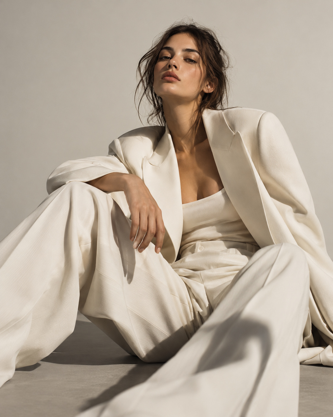 Novara campaign model in an ivory suit