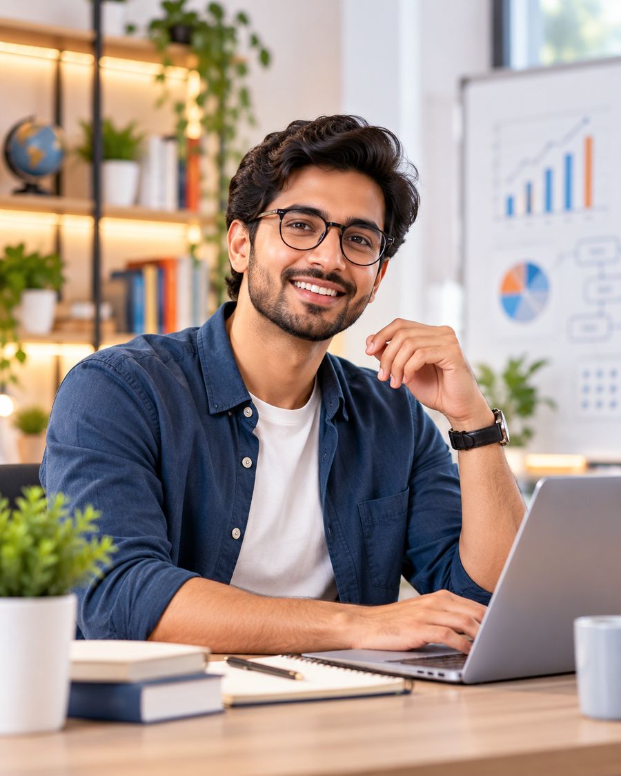 Smiling learner working on a laptop at a modern study desk