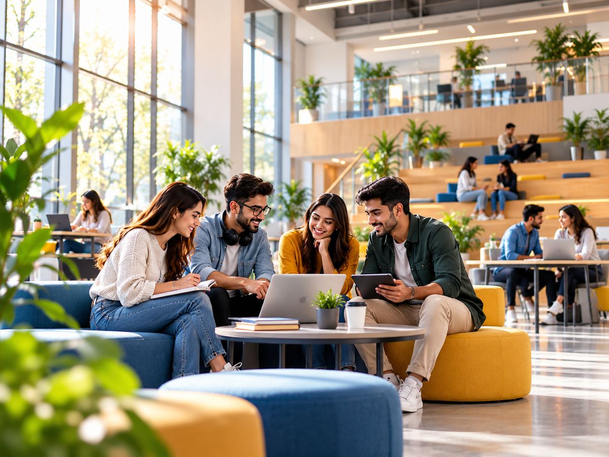 Students studying together in a bright campus learning lounge