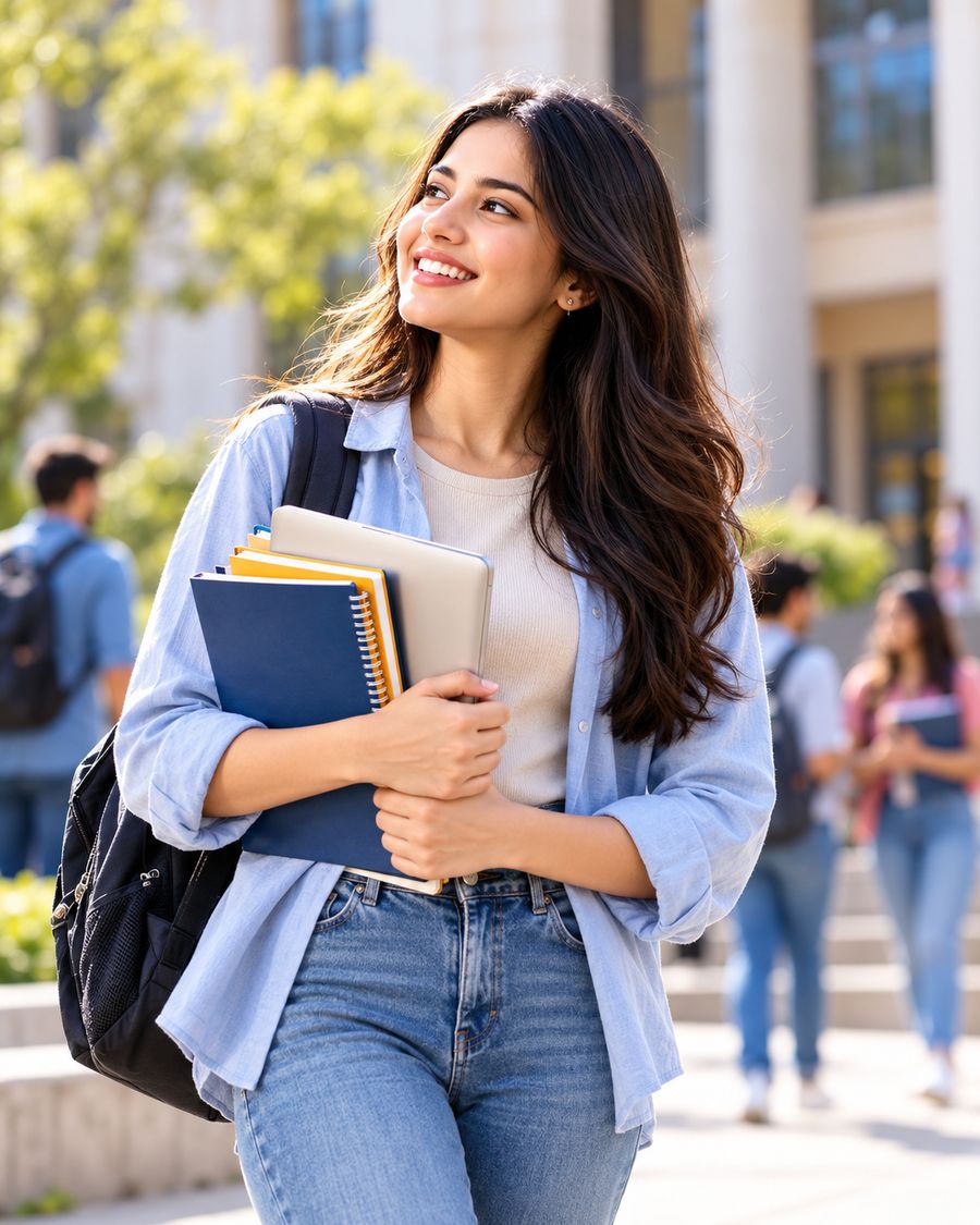 Smiling student holding notebooks on a sunny university campus