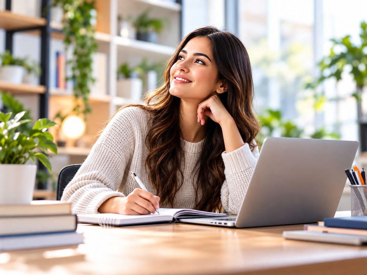 Student smiling while taking notes beside a laptop