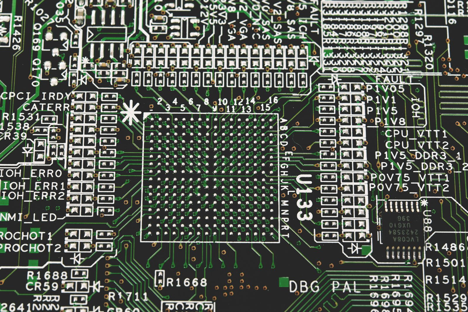 Macro photograph of a green circuit board